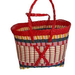 plastic woven tote bag red yellow green beach pool resort bag